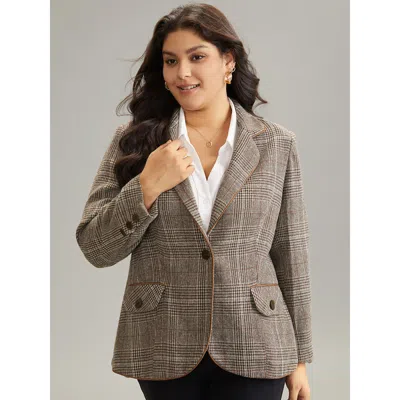 Bloomchic Women's Plus Size Plaid Suit Collar Flap Pocket Blazer Darkbrown Plaid Lined Sleeve Long Sleeve 10/m In Brown