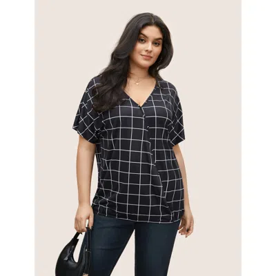 Bloomchic Women's Plus Size Plaid Surplice Neck Batwing Sleeve T-shirt Black Plaid Office Short Sleeve 12/l