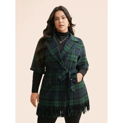 Bloomchic Women's Plus Size Plaid Tassel Trim Pocket Belted Coat Indigo Tassels T-line 10/m In Purple