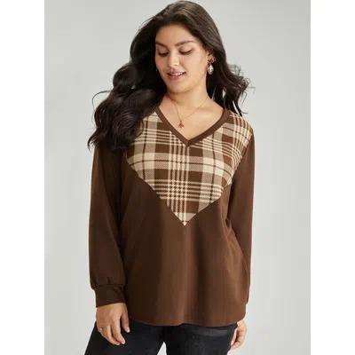 Bloomchic Women's Plus Size Plaid V Neck Patchwork Elastic Cuffs Sweatshirt Darkbrown Plaid Festival-christmas In Brown
