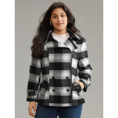 Bloomchic Women's Plus Size Plaid Zipper Fly Double Breasted Detail Coat Black Colorblock 10/m