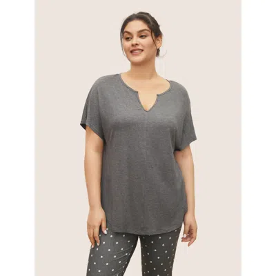 Bloomchic Women's Plus Size Plain Arc Hem Split Neckline Pajama Top Dimgray Plain 10/m