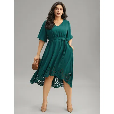 Bloomchic Women's Plus Size Plain Belted Laser Cut High Low Hem Dress Emerald Office Gathered 30/6x In Green