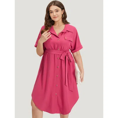 Bloomchic Women's Plus Size Plain Belted Shirt Collar Arc Hem Roll Batwing Sleeve Dress Red Office Belted 22-2
