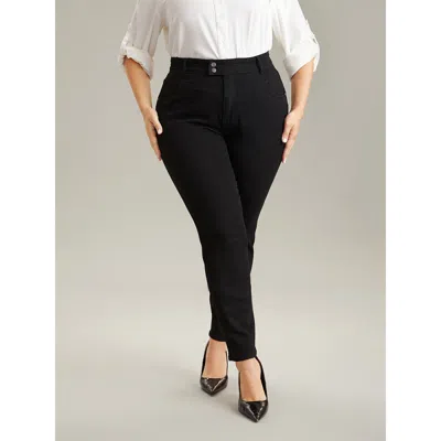 Bloomchic Women's Plus Size Plain Black Wash Button Through Jeans Black Plain Plain High Stretch 10/m