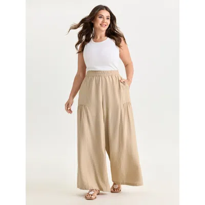 Bloomchic Women's Plus Size Plain Breezy Pocket Pants Tan Solid Wide Leg Mid Rise Casual 10/m In Brown