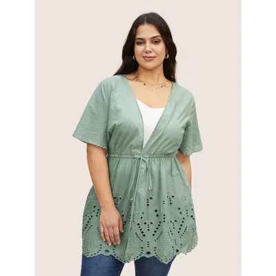Bloomchic Women's Plus Size Plain Broderie Anglaise Drawstring Kimono Mint Embroidered X-line 12/l In Green