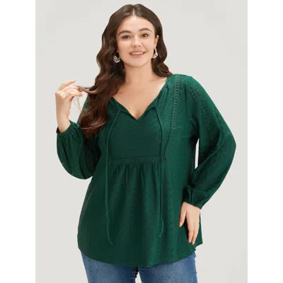 Bloomchic Women's Plus Size Plain Broderie Anglaise Knot Neck Lantern Sleeve T-shirt Darkgreen Long Sleeve Dai In Green