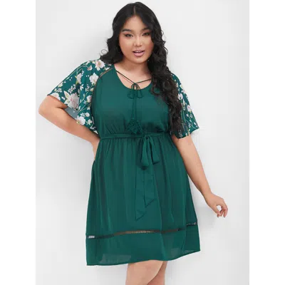 Bloomchic Women's Plus Size Plain Broderie Anglaise Ruffles Belted Ties Knee Dress Darkgreen Solid Dailywear G In Green
