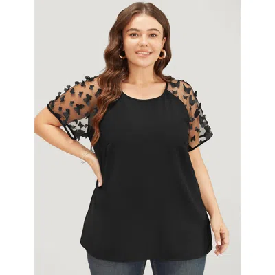 Bloomchic Women's Plus Size Plain Butterfly Appliques Mesh Raglan Sleeve Blouse Black Dailywear Short Sleeve 1