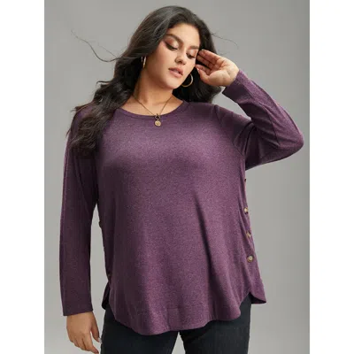 Bloomchic Women's Plus Size Plain Button Detail Curved Hem T-shirt Purple Dailywear Long Sleeve 12/l