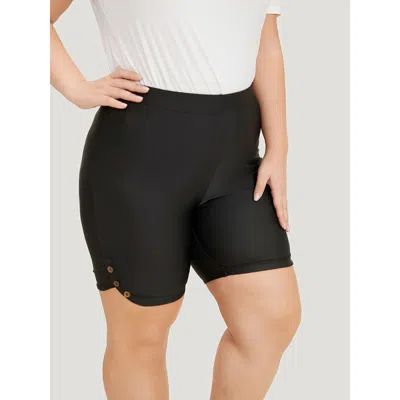 Bloomchic Women's Plus Size Plain Button Detail Dolphin Hem Leggings Black Medium Stretch High Rise Dailywear 