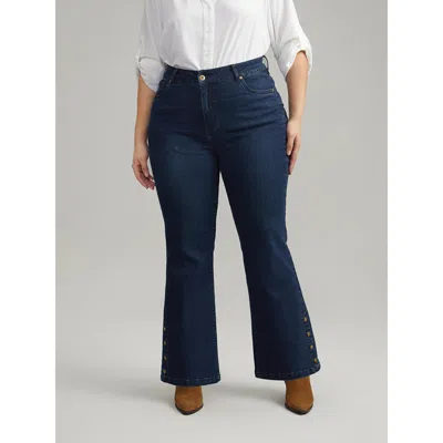 Bloomchic Women's Plus Size Plain Button Detail Flare Leg Full Length Jeans Indigo Plain Plain High Stretch 10 In Purple