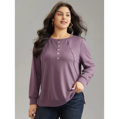 Bloomchic Women's Plus Size Plain Button Detail Round Neck Knit Sweatshirt Mauve Plain Everyday 12/l In Purple