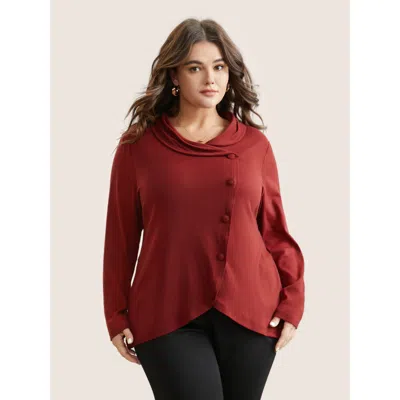 Bloomchic Women's Plus Size Plain Button Detail Wrap Hem T-shirt Red Long Sleeve Dailywear 12/l
