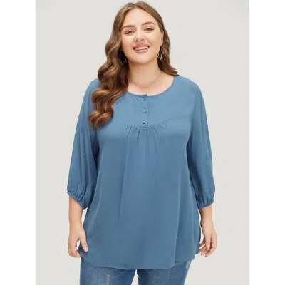 Bloomchic Women's Plus Size Plain Button Up Gathered Lantern Sleeve Blouse Stone Dailywear 3/4 Sleeve 10/m In Gray