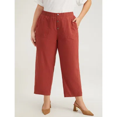 Bloomchic Women's Plus Size Plain Button Up Pocket Straight High Rise Leg Pants Russet High Rise Everyday 22-2 In Brown