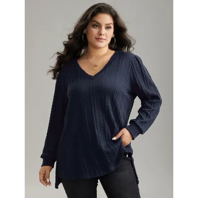 Bloomchic Women's Plus Size Plain Cable Knit Elastic Cuffs Sweatshirt Indigo Plain Dailywear 10/m In Purple