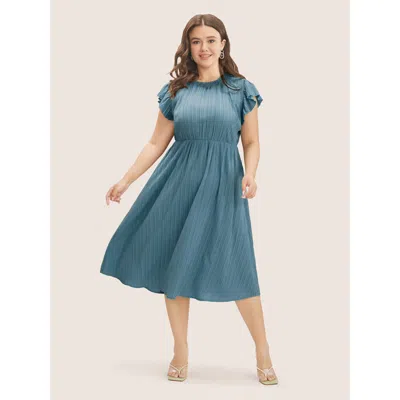 Bloomchic Women's Plus Size Plain Cap Sleeve Ruffles Trim Mock Neck Pocket Dress Blue Solid Mini Elegant Ruffl