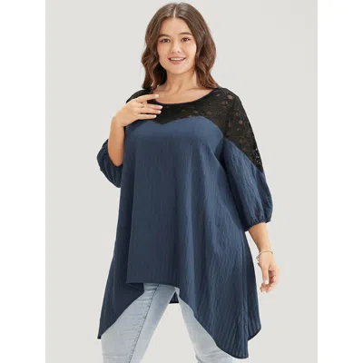 Bloomchic Women's Plus Size Plain Contrast Lace Asymmetrical Lantern Sleeve Blouse Indigo Dailywear 3/4 Sleeve In Purple