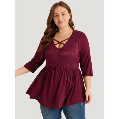 Bloomchic Women's Plus Size Plain Contrast Lace Crisscross Neck Gathered T-shirt Burgundy 3/4 Sleeve Dailywear