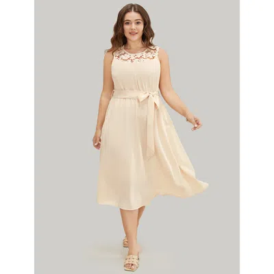 Bloomchic Women's Plus Size Plain Contrast Lace Keyhole Belted Pocket Pompom Trim Tank Dress Beige Dailywear L In Sand