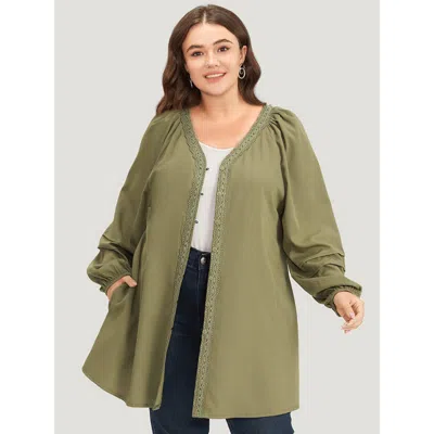 Bloomchic Women's Plus Size Plain Contrast Lace Lantern Sleeve Button Fly Coat Sage Elastic Cuffs 10/m In Green