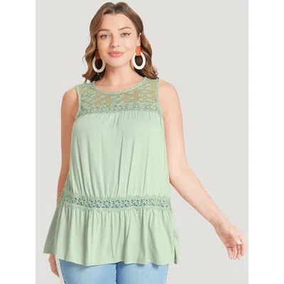 Bloomchic Women's Plus Size Plain Contrast Lace Mesh Ruffle Hem Tank Top Lightgreen Dailywear 12/l