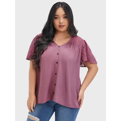 Bloomchic Women's Plus Size Plain Contrast Lace Ruffles Button V Neck Blouse Dustypink Dailywear Short Sleeve  In Pink