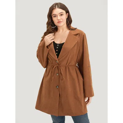 Bloomchic Women's Plus Size Plain Corduroy Belted Tie-front Tab Sleeve Jacket Bronze Plain 10/m In Brown