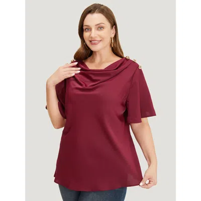 Bloomchic Women's Plus Size Plain Cowl Neck Button Detail Flutter Sleeve Blouse Scarlet Office Short Sleeve 10 In Red