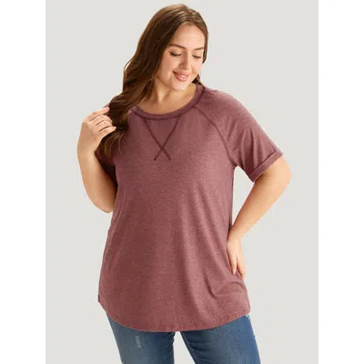 Bloomchic Women's Plus Size Plain Crew Neck Stitch Roll Sleeve T-shirt Rust Dailywear Short Sleeve 12/l In Brown