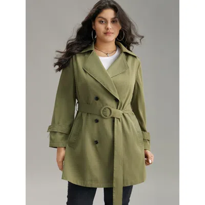 Bloomchic Women's Plus Size Plain Double Breasted Belted Pocket Trench Coat Women Armygreen Plain Plain Bloomc