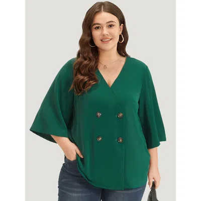 Bloomchic Women's Plus Size Plain Double Breasted Surplice Neck Flounce Sleeve Blouse Armygreen Office 3/4 Sle