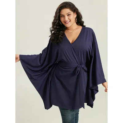 Bloomchic Women's Plus Size Plain Drape Surplice Neck Belted Kimono Indigo Drape 12/l In Purple