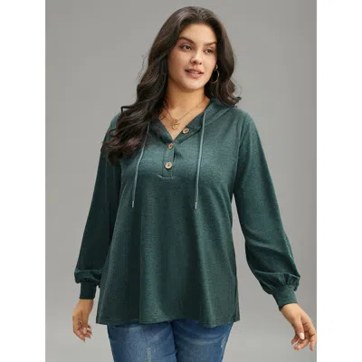 Bloomchic Women's Plus Size Plain Drawstring Button Up Hooded Elastic Cuffs Sweatshirt Green Plain Dailywear 1