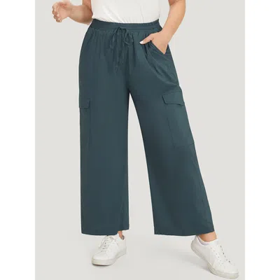 Bloomchic Women's Plus Size Plain Drawstring Patched Pocket High Rise Pants Darkgreen High Rise Dailywear 10/m In Green