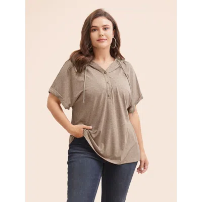 Bloomchic Women's Plus Size Plain Drawstring Roll Sleeve Button Up Hooded T-shirt Darkbrown Solid Everyday Sho In Brown