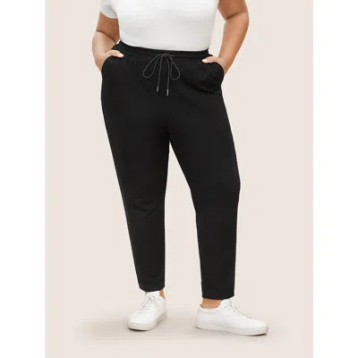 Bloomchic Women's Plus Size Plain Drawstring Waist Tapered Pants Black Non Tapered Fit High Rise Everyday 10/m