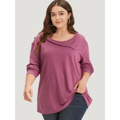 Bloomchic Women's Plus Size Plain Elastic Cuffs Button Detail Asymmetrical Neck Sweatshirt Redviolet Plain Dai