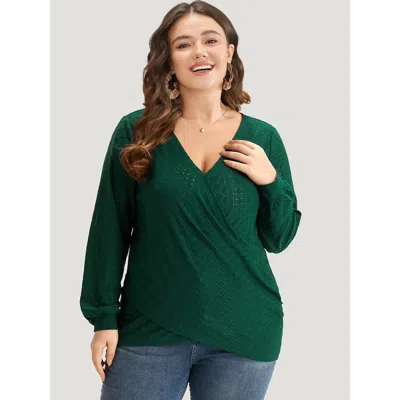 Bloomchic Women's Plus Size Plain Elastic Cuffs Wrap Broderie Anglaise Gathered T-shirt Darkgreen Long Sleeve  In Green