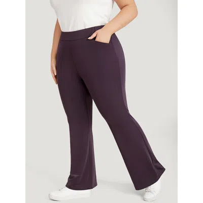 Bloomchic Women's Plus Size Plain Elastic Waist Bootcut Slant Pocket Leggings Eggplant High Stretch High Rise  In Purple