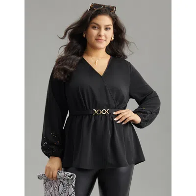 Bloomchic Women's Plus Size Plain Elastic Waist Buckle Detail Wrap Blouse Black Office Long Sleeve 10/m