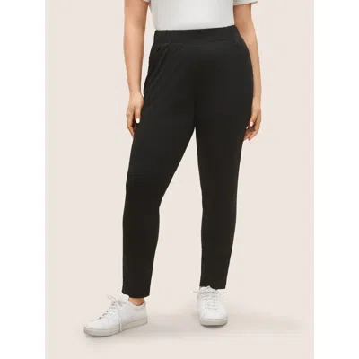Bloomchic Women's Plus Size Plain Elastic Waist High Rise Slim Pants Black Solid Skinny Fit Mid Rise Casual 12