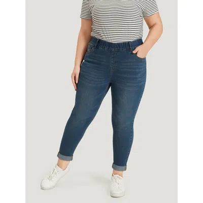 Bloomchic Women's Plus Size Plain Elastic Waist Medium Wash Roll Hem Jeans Indigo Plain Plain High Stretch 10/ In Purple