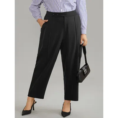 Bloomchic Women's Plus Size Plain Elastic Waist Pleated Button Detail Pants Black High Rise Office 18-20/2x