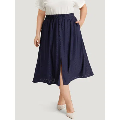 Bloomchic Women's Plus Size Plain Elastic Waist Split Front Cropped Skirt Indigo Texture Office 12/l In Purple