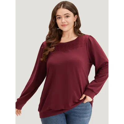 Bloomchic Women's Plus Size Plain Eyelet Lace Crew Neck Sweatshirt Burgundy Plain Dailywear 12/l