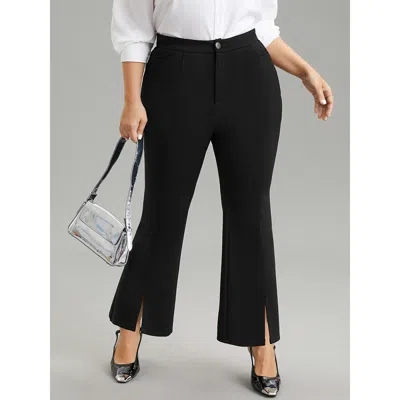 Bloomchic Women's Plus Size Plain Flare Leg Pocket Split Hem Pants Black High Rise Office 10/m