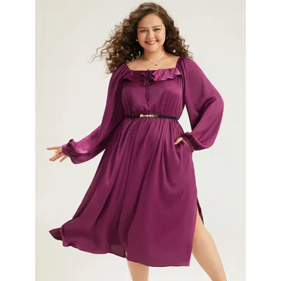 Bloomchic Women's Plus Size Plain Flutter Trim Ties Split Side Dress Purple Dailywear Gathered 10/m